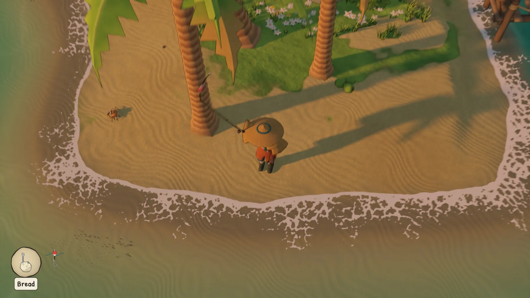Top-down view of the fisherman on a sandy beach with palm trees, foam along the shoreline and a crab nearby