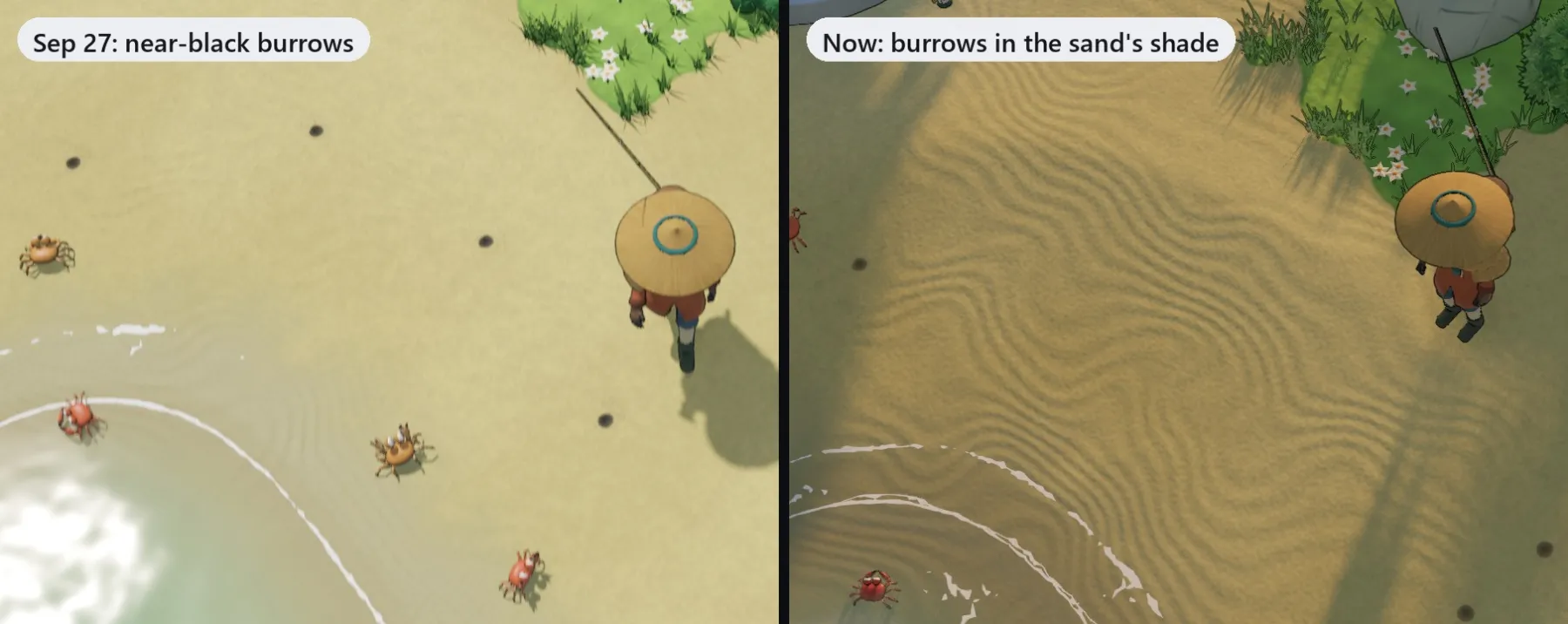 Side by side: on September 27 the crab burrows are near-black dots on the sand; now they are a soft shade of the sand colour