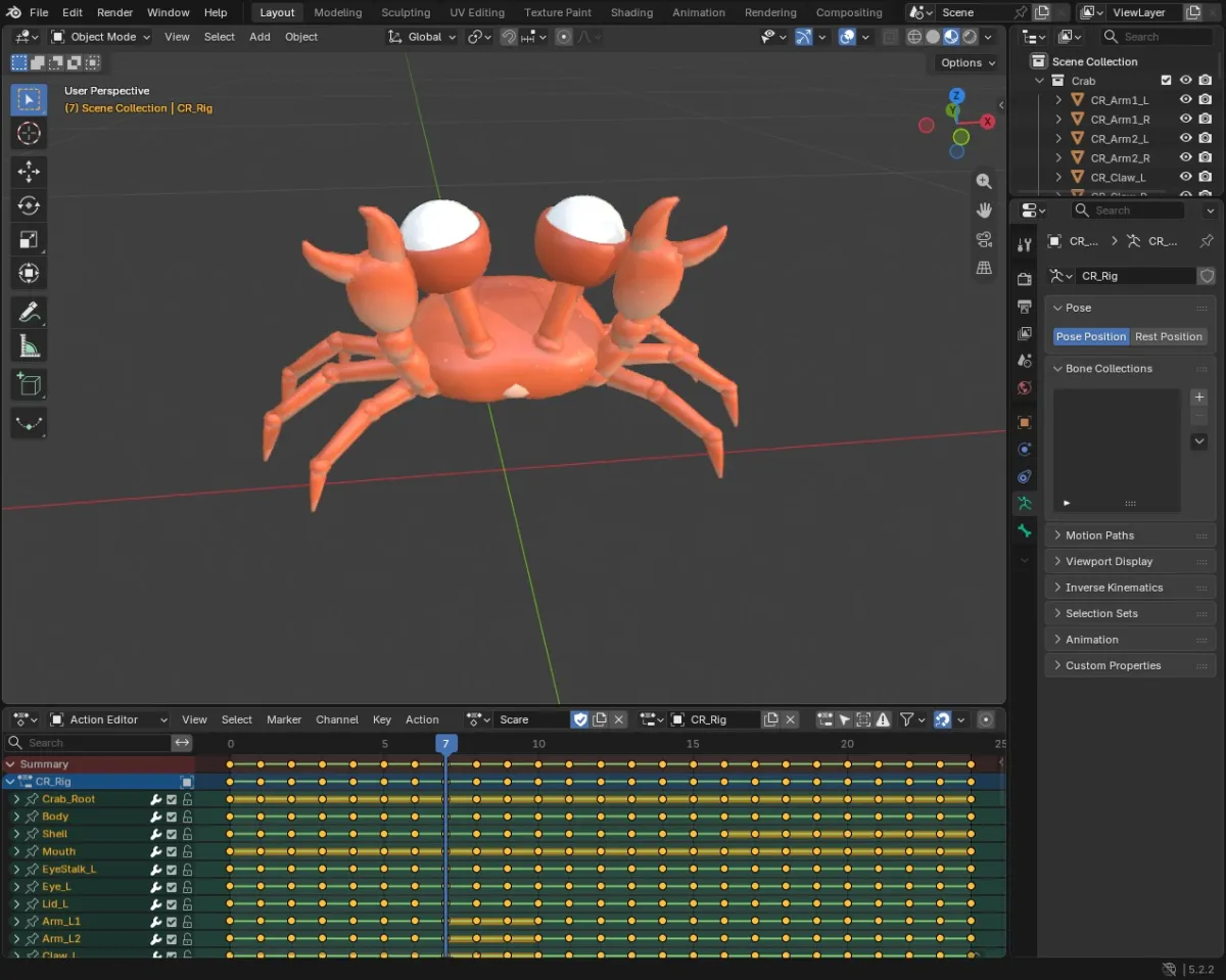 The crab mid-scare pose with claws raised, keyframes in Blender's Action Editor below
