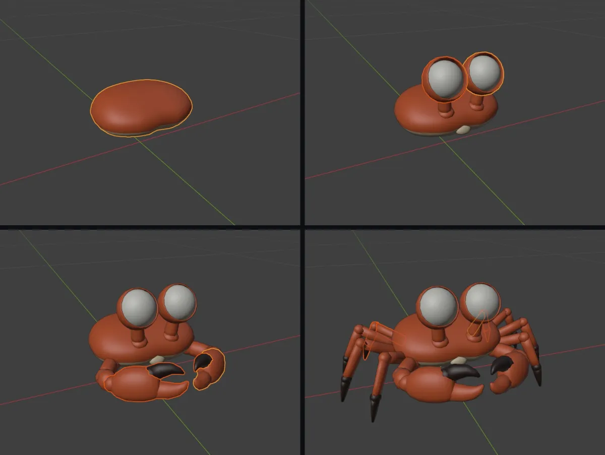 Four stages of the crab being built in Blender: body, then eyes, then claws, then legs