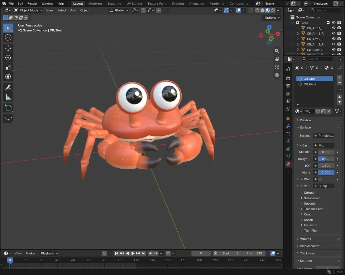 The finished, painted crab in Blender's viewport with big glossy eyes