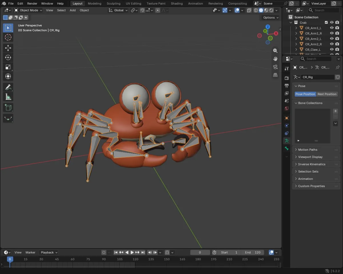 The crab in Blender with its armature bones visible through the mesh
