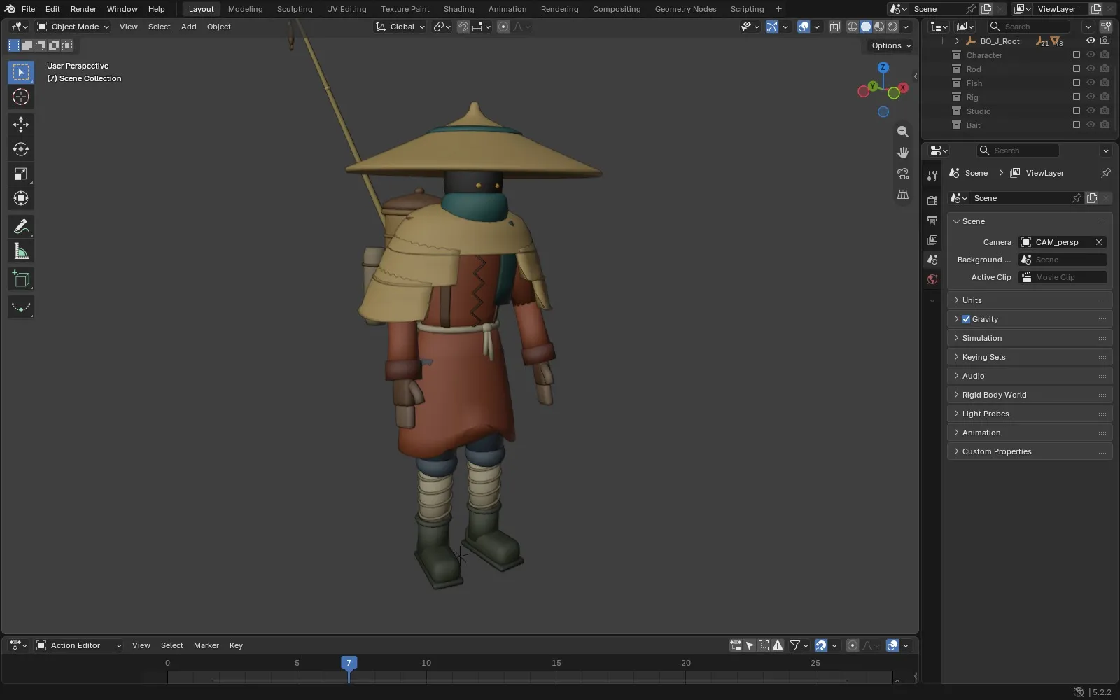 Early blockout of the fisherman in Blender: straw hat, scarf, coat and boots in flat colours