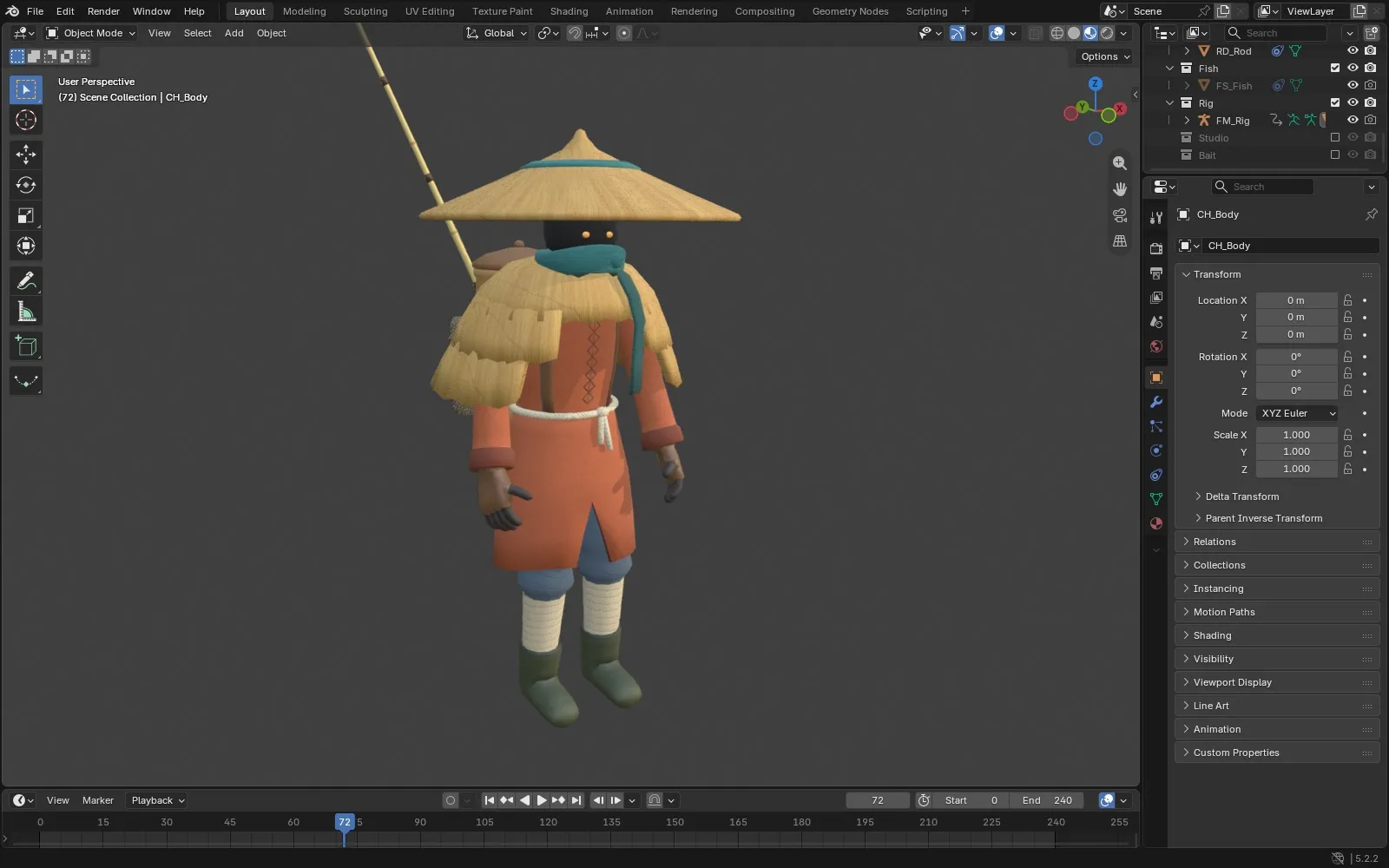 Finished fisherman in Blender with a straw cape, painted textures and a fishing rod on his back