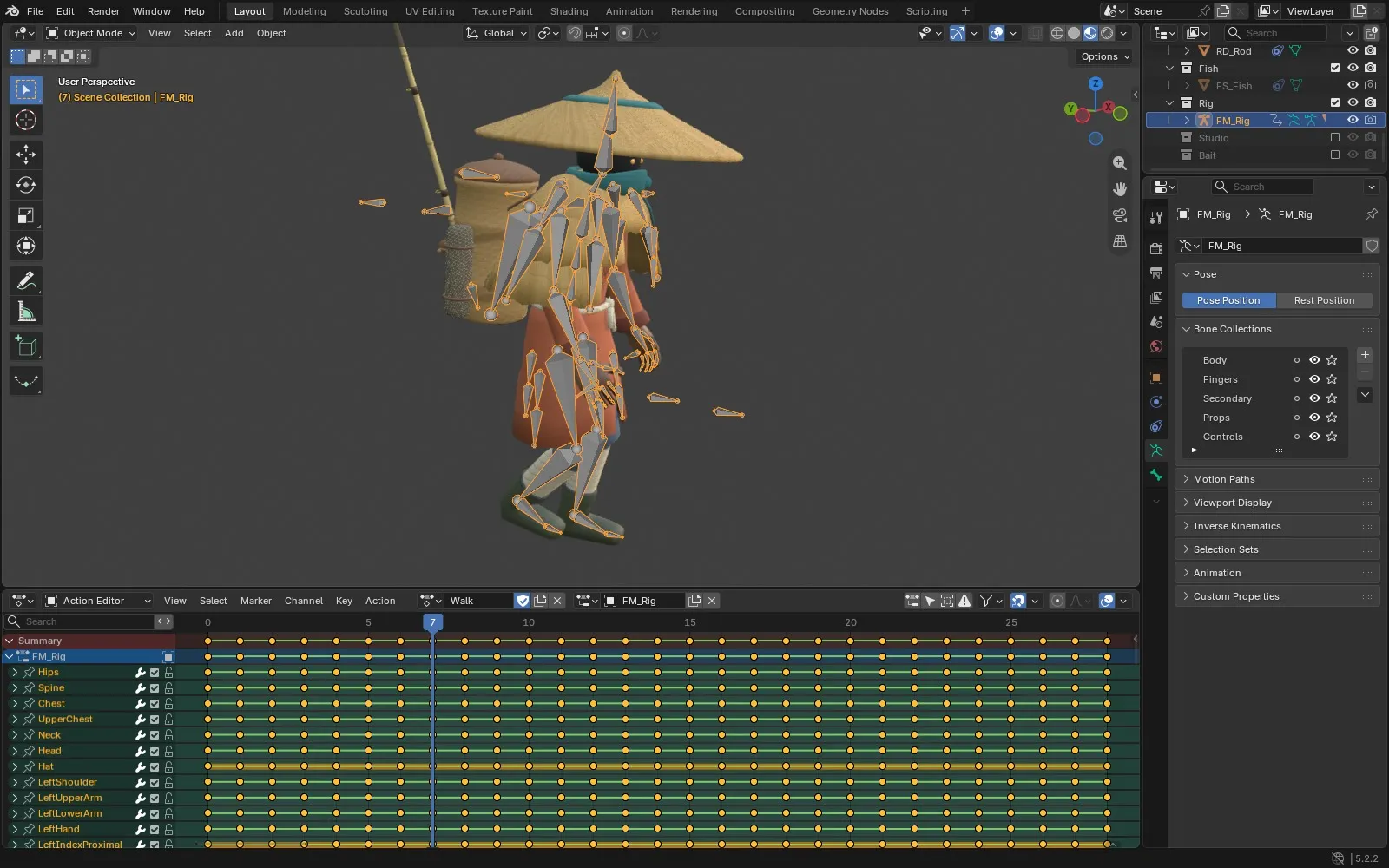 The fisherman's rig in Blender with bones visible, including a separate bone for the fishing rod, and the walk cycle keyframes below