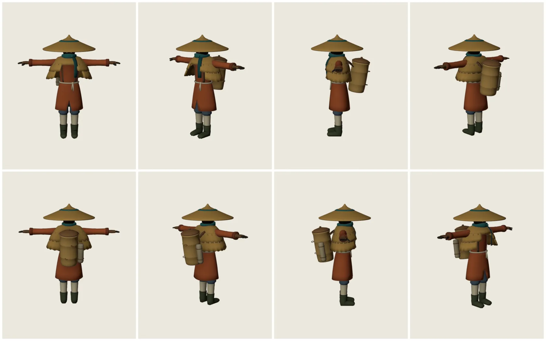Eight review renders of the fisherman in a T-pose, turning around in 45 degree steps