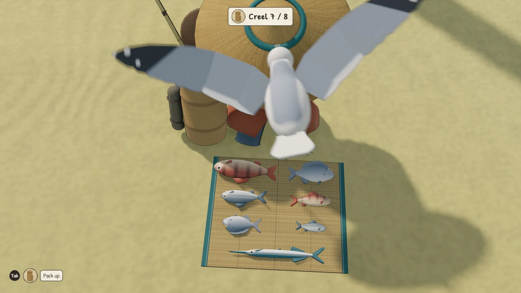 A seagull swooping over the fisherman's catch laid out on a woven mat