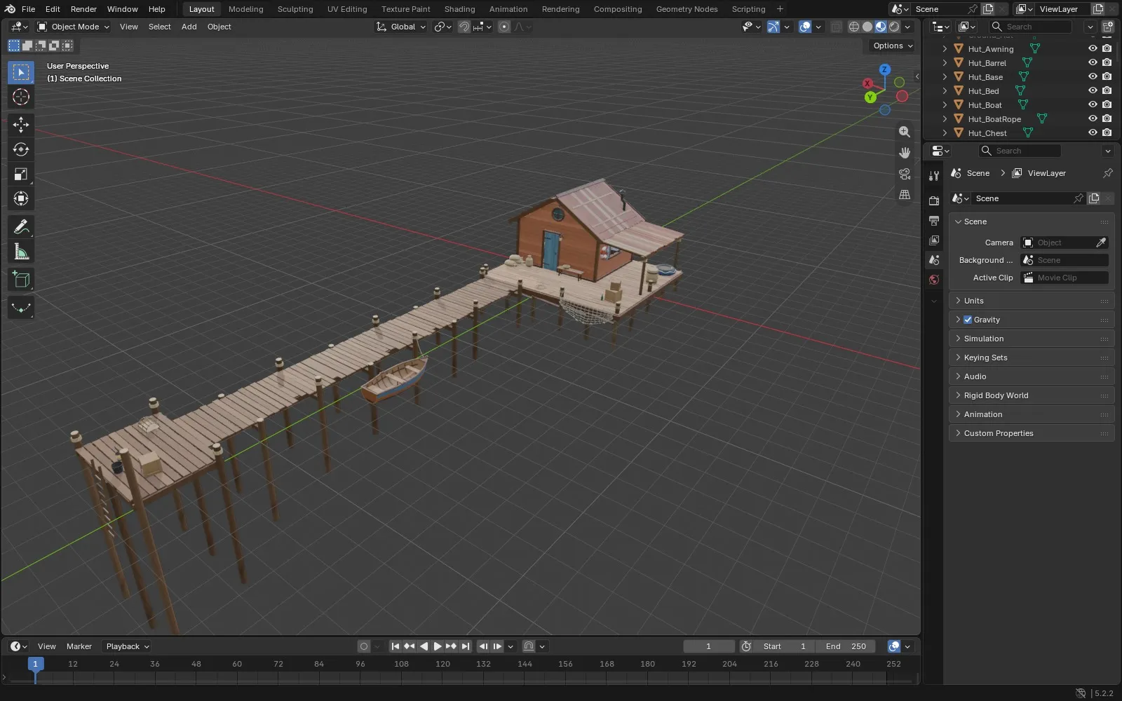 The stilt hut and its long dock with a rowboat, built in Blender on an empty grid