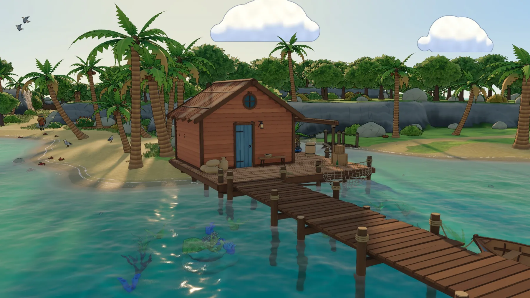 The hut and dock in the game, seen from the water with palm trees and clouds behind