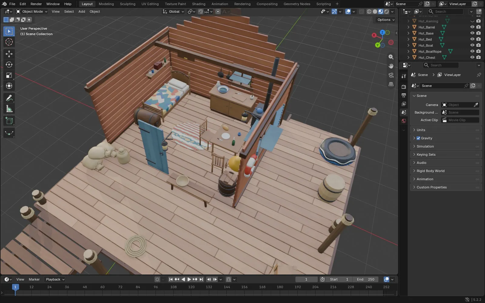 Cutaway of the hut in Blender showing a bed, table, chairs, stove, barrels and a rug