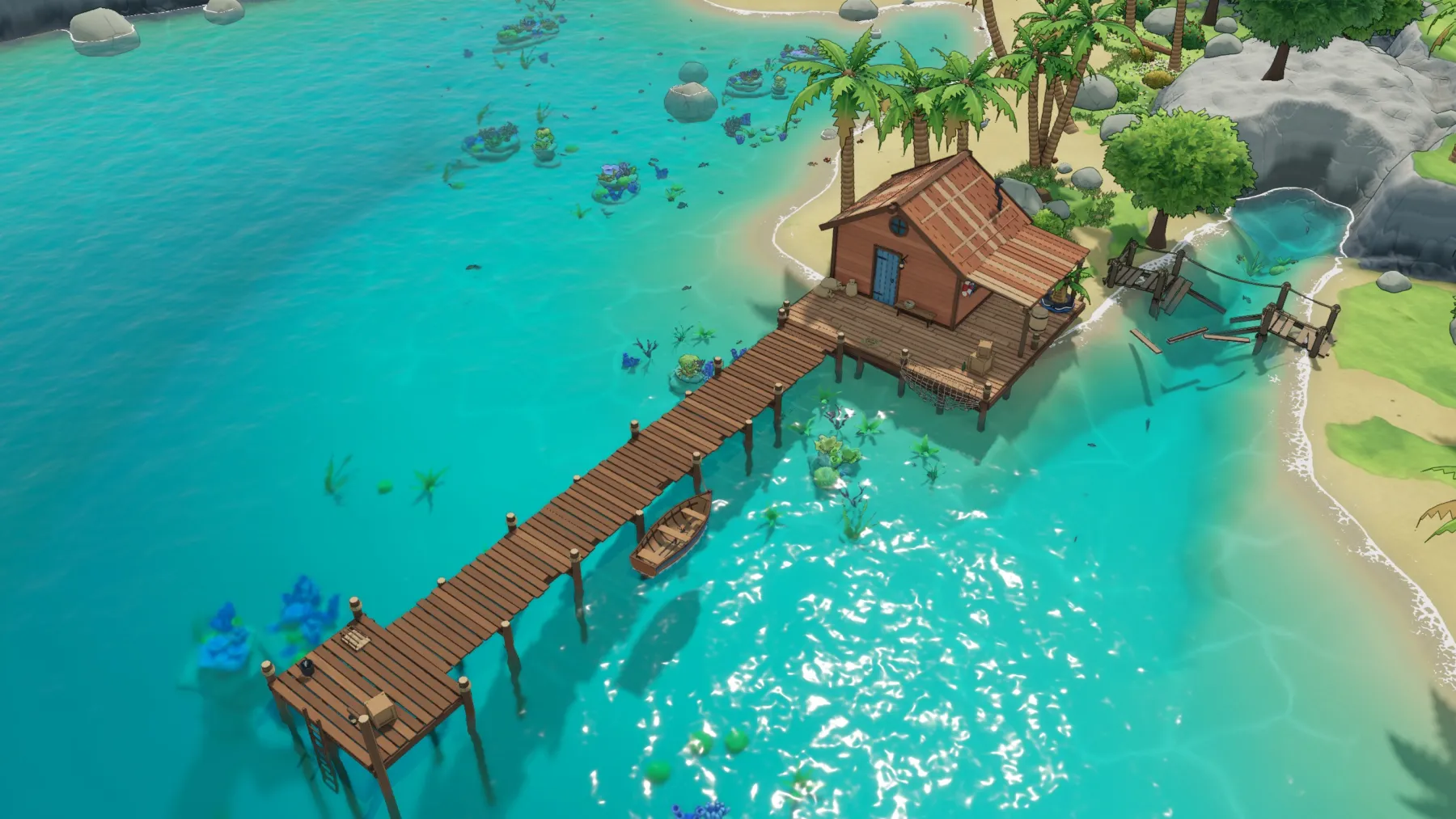 The same hut and dock from above in Unity, over turquoise water with coral reefs and palm trees