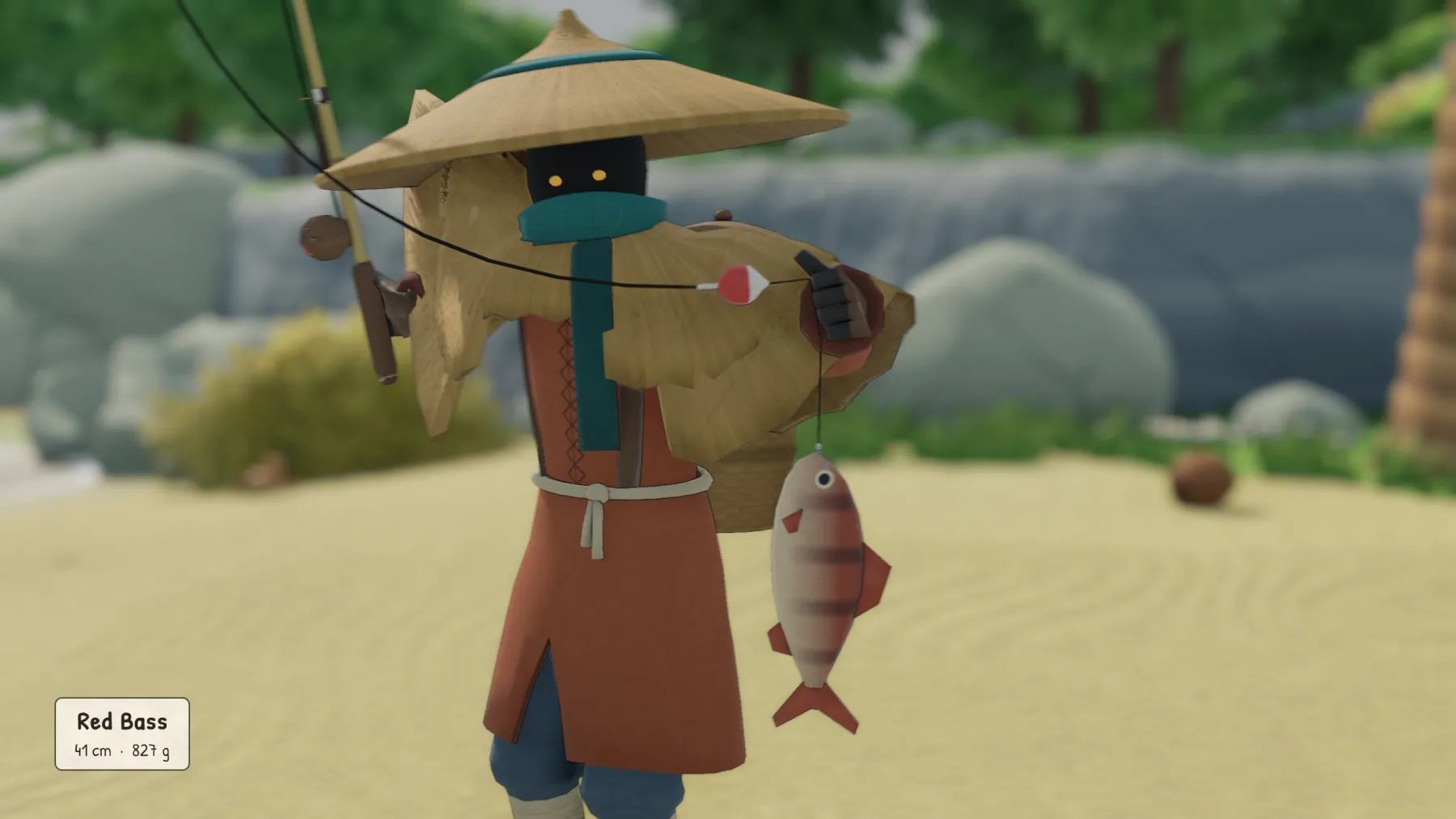 The fisherman in the game holding up a freshly caught red bass