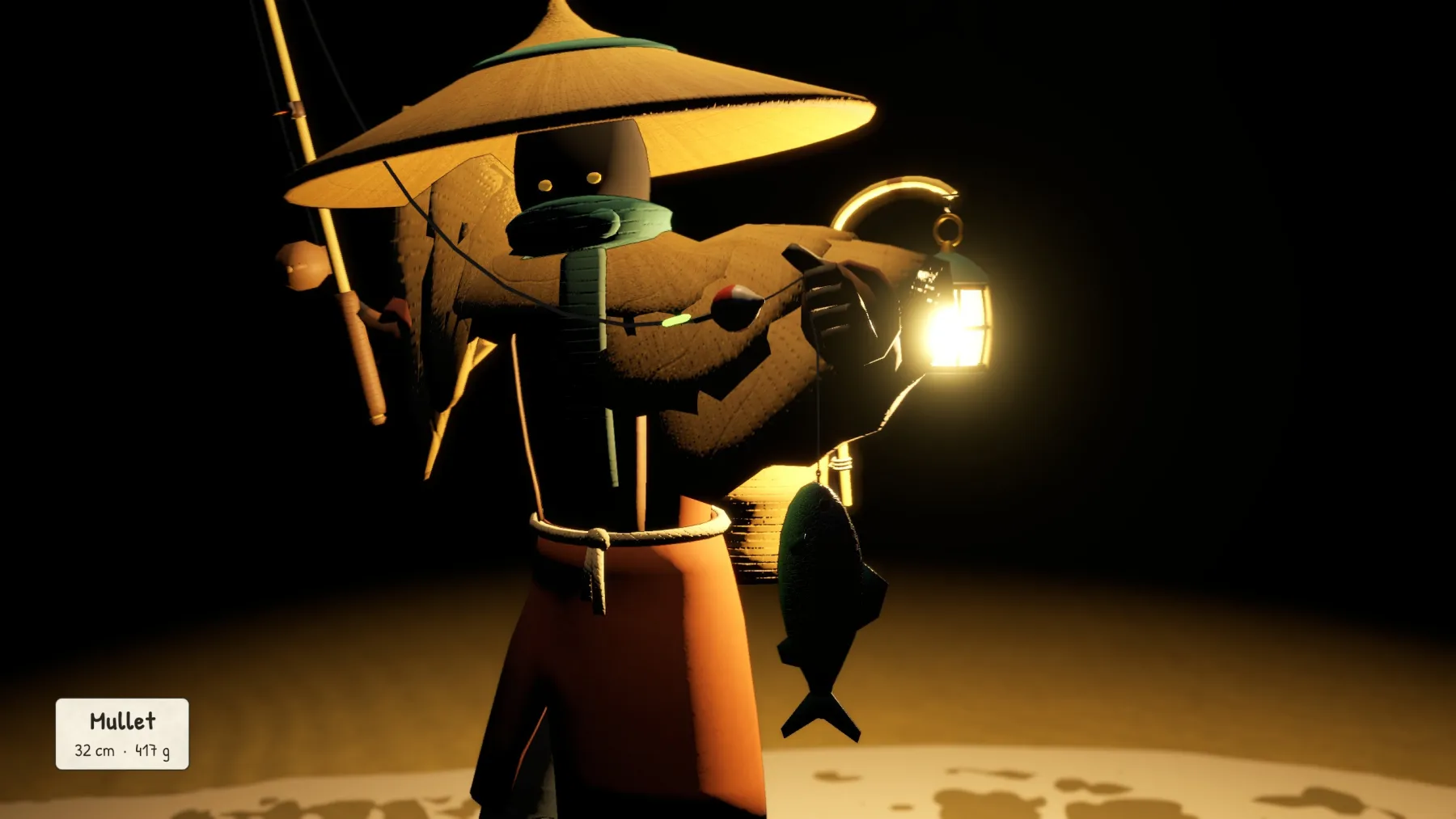 At night, the fisherman holds up a lantern and a mullet, the straw hat lit warmly from below