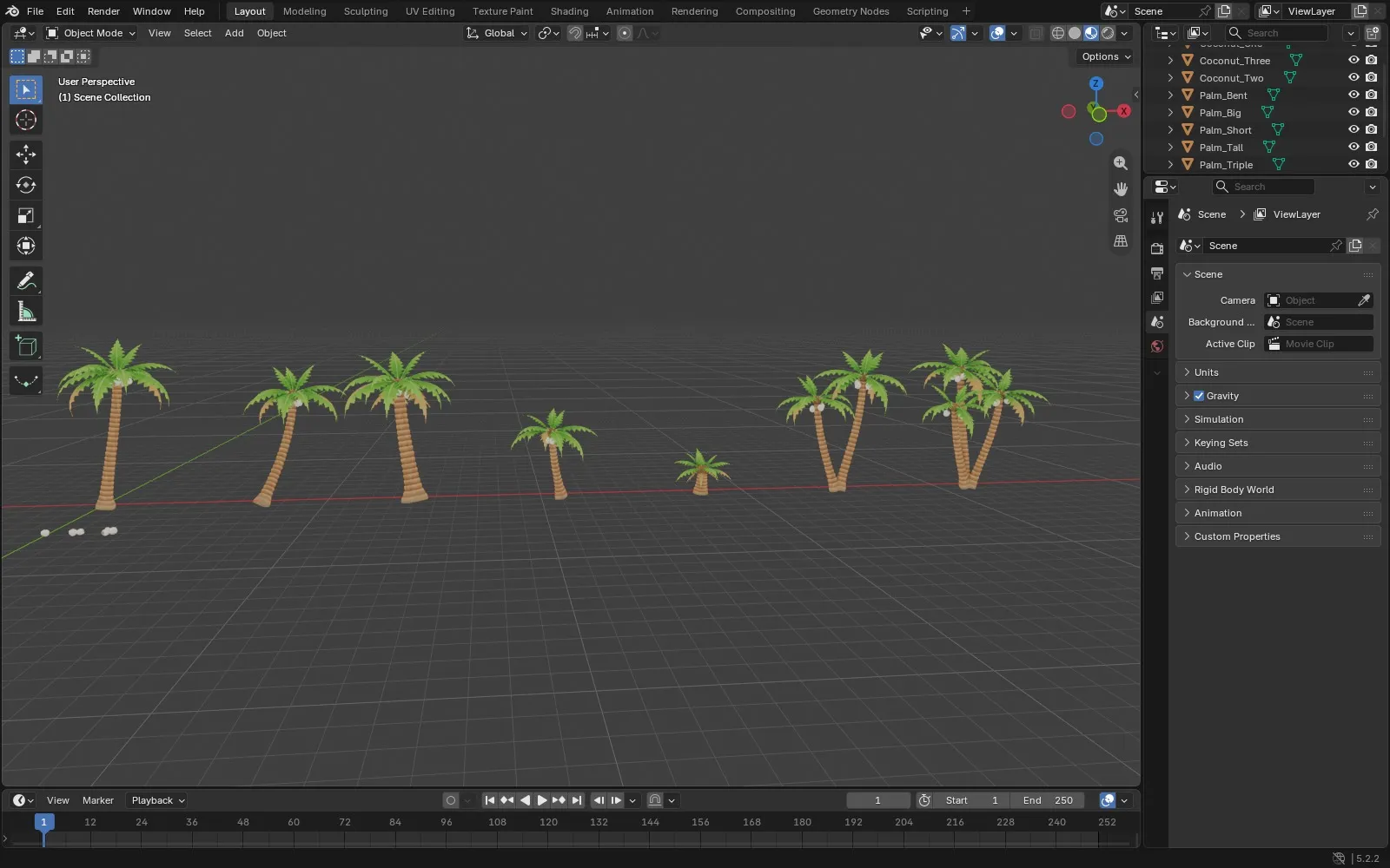 A row of palm tree variants in Blender: straight, bent, tall, short, double and triple trunks