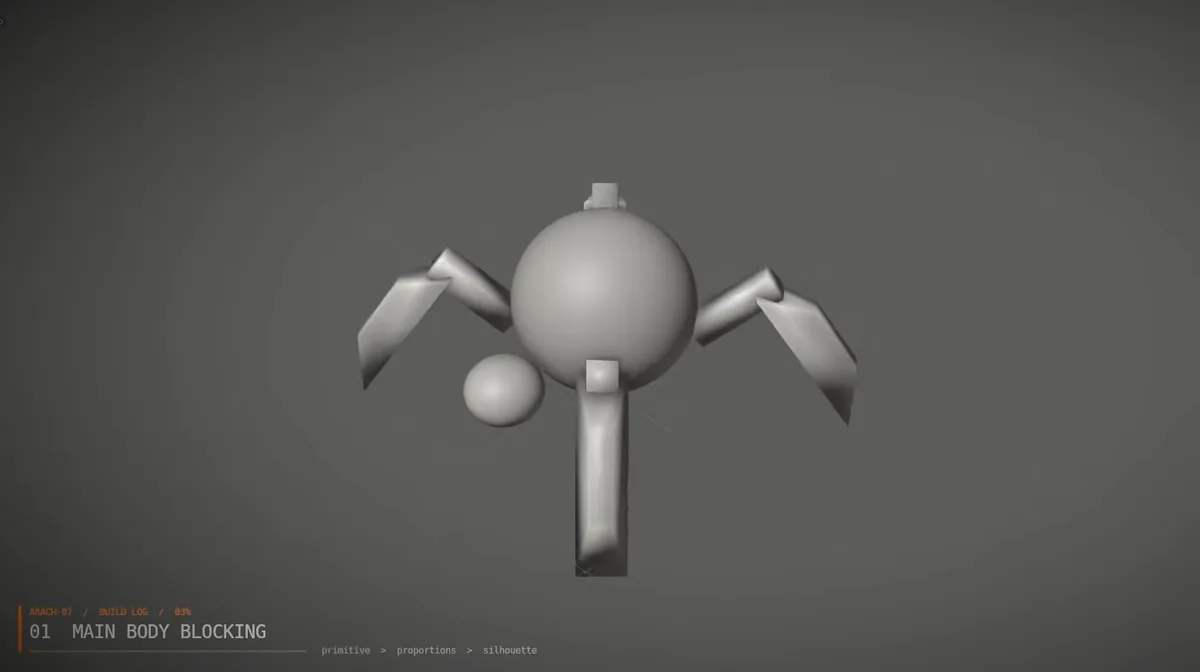 Step 01 in Blender: a grey sphere for the body with simple blocked-in legs and a small head
