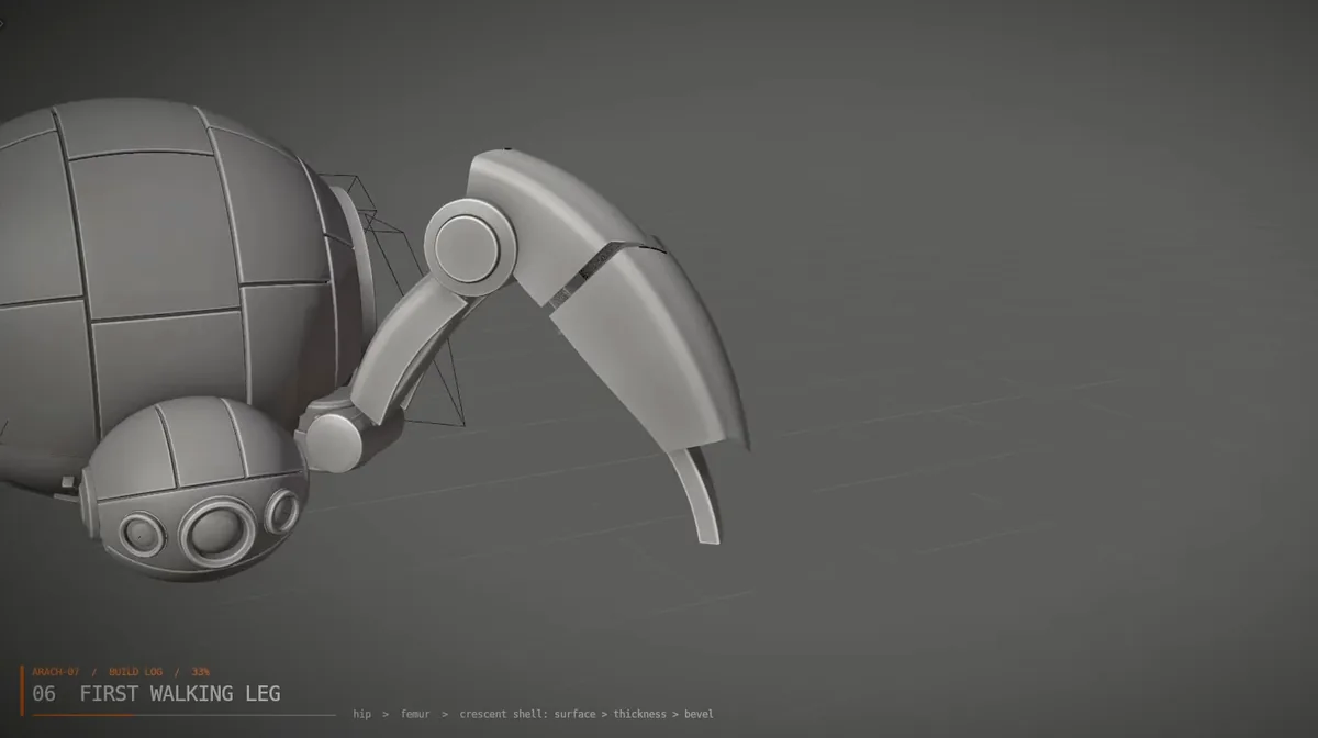 Step 06: the first walking leg attached to the paneled body, next to the round sensor head