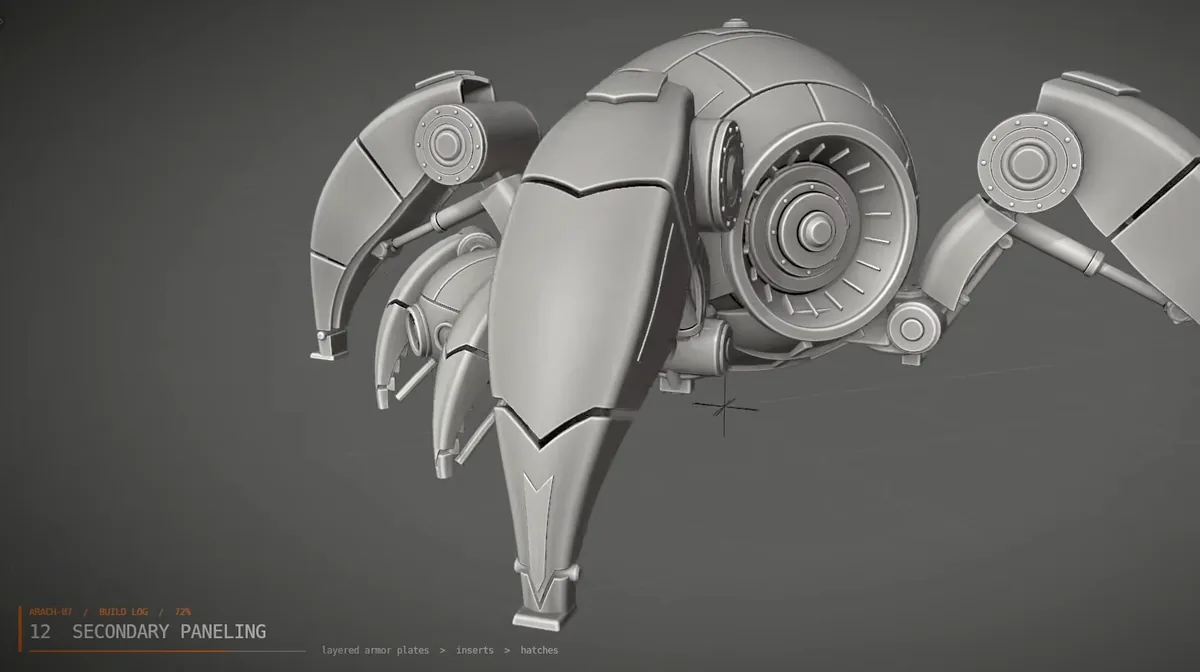 Step 12: the full grey model with layered armour plates, a turbine-like side housing and curved legs