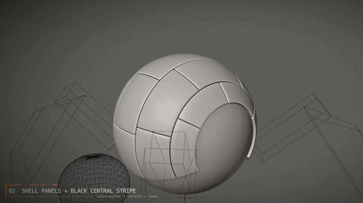 Step 02: the body sphere split into shell panels, with wireframe legs and head around it