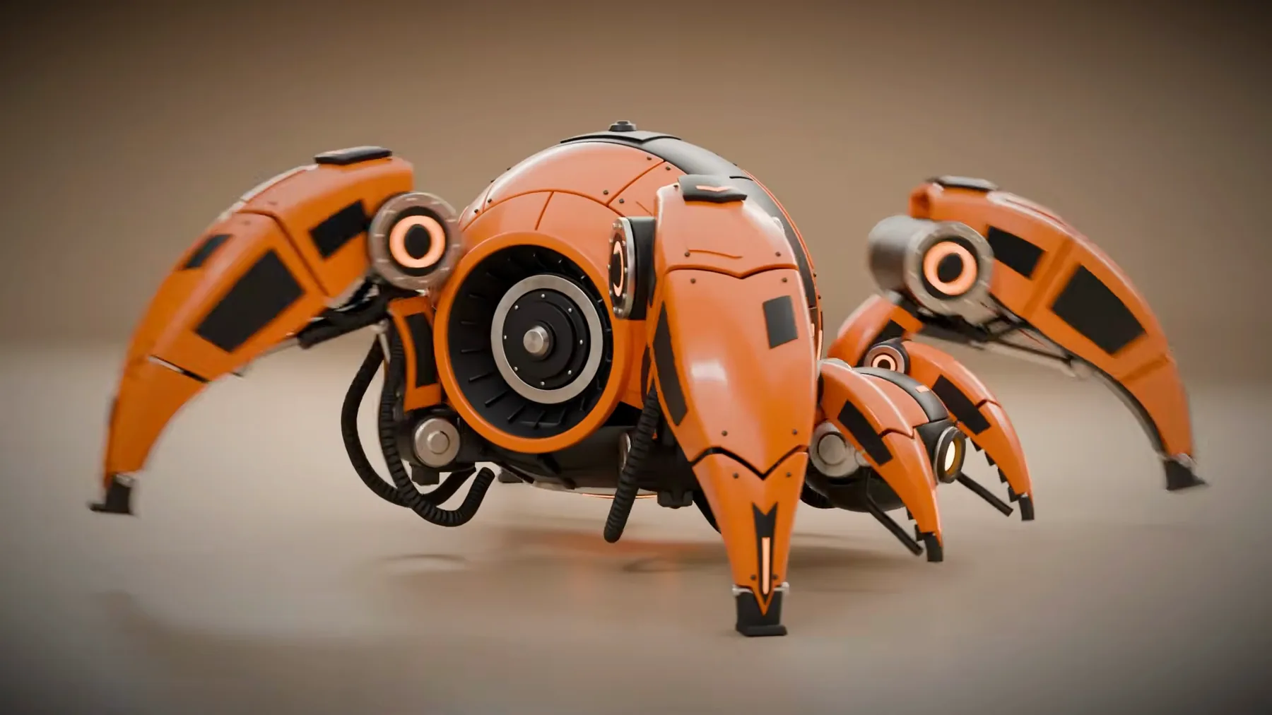 The finished spider rendered in Blender on a warm studio floor, from a three-quarter angle showing its turbine-like side housing and lit sensor head