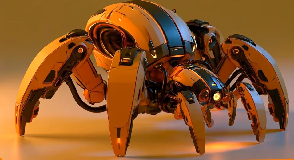The Midjourney concept Muska picked: an orange and black robot spider with curved armoured legs on a warm studio floor