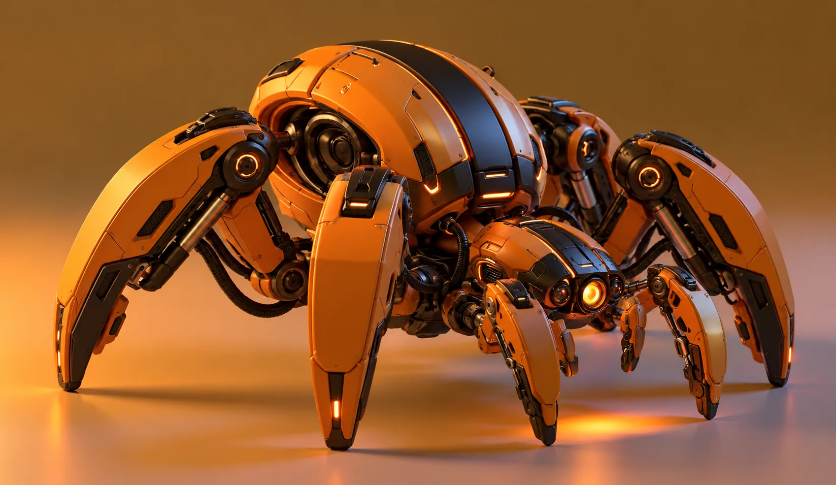 The refined hero image: the same spider with crisper panels, ringed joints, pistons and glowing sensor optics