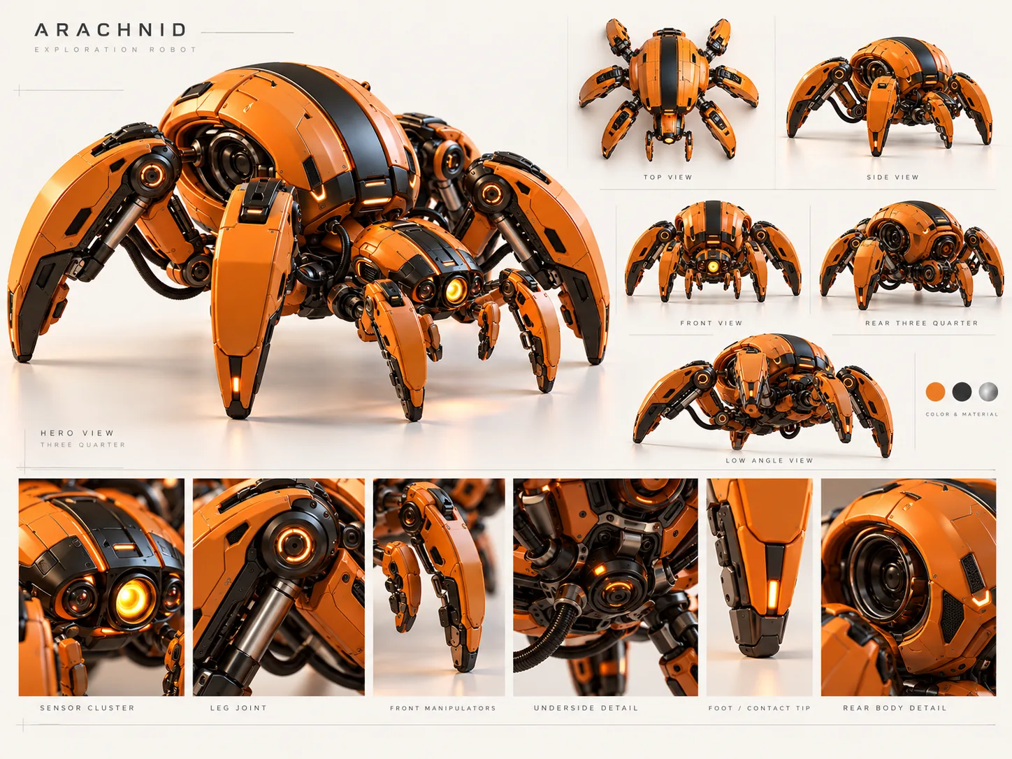 Concept sheet titled Arachnid exploration robot: a large three-quarter hero view, top, side, front, rear three-quarter and low-angle views, a colour swatch, and close-ups of the sensor cluster, leg joint, front manipulators, underside, foot and rear body