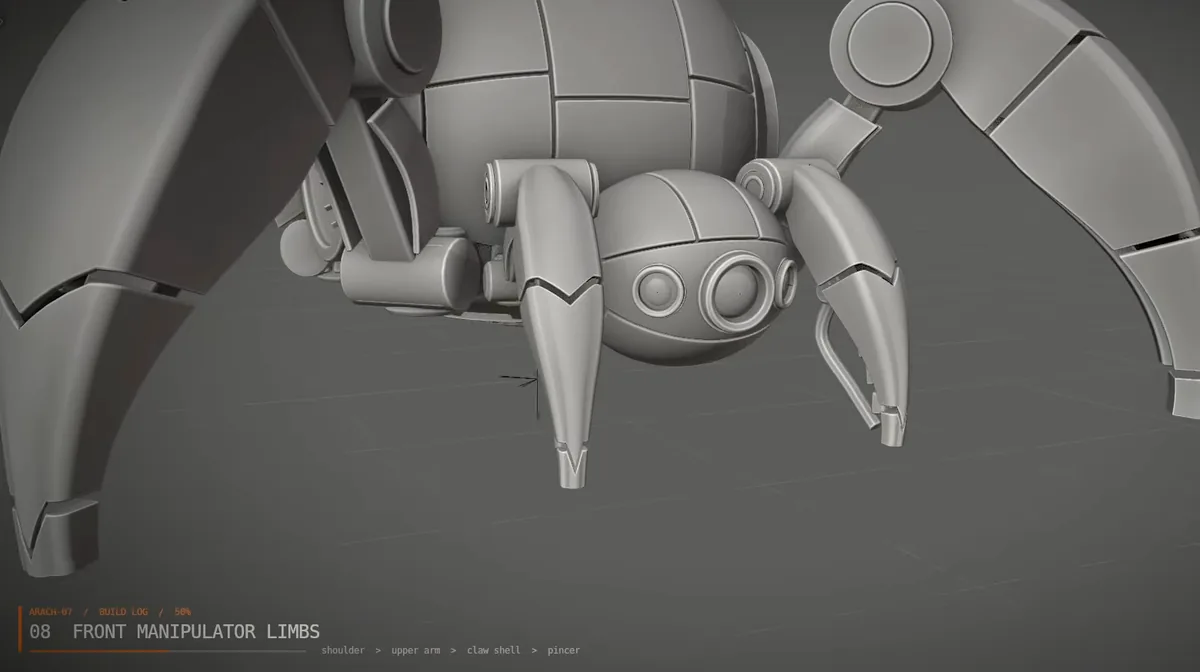 A low view under the spider's front, framing the legs and the sensor head