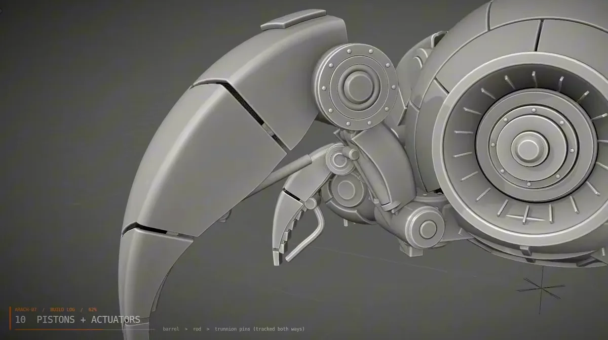 A close-up of a leg joint's bearing rings and pistons next to the turbine housing