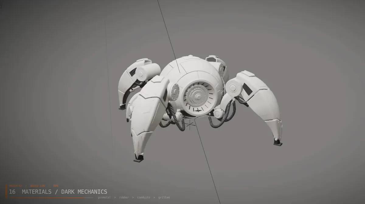 The spider in light clay with only the dark mechanical parts shaded