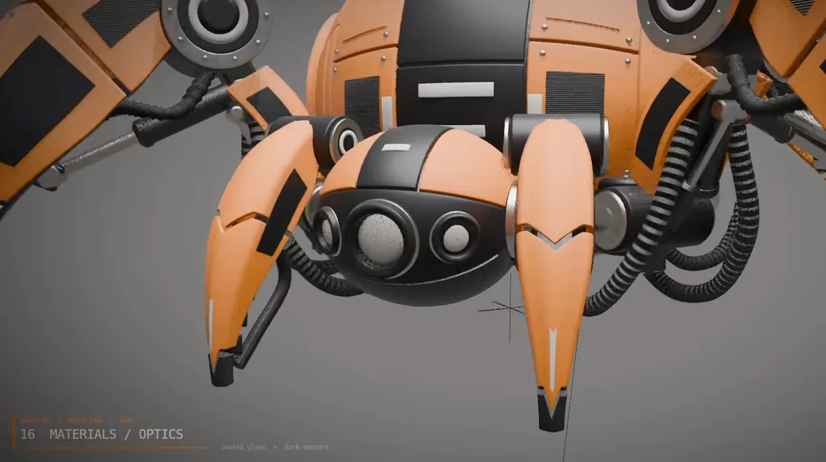 Close-up of the front of the spider with black optics in the sensor head between the orange front legs