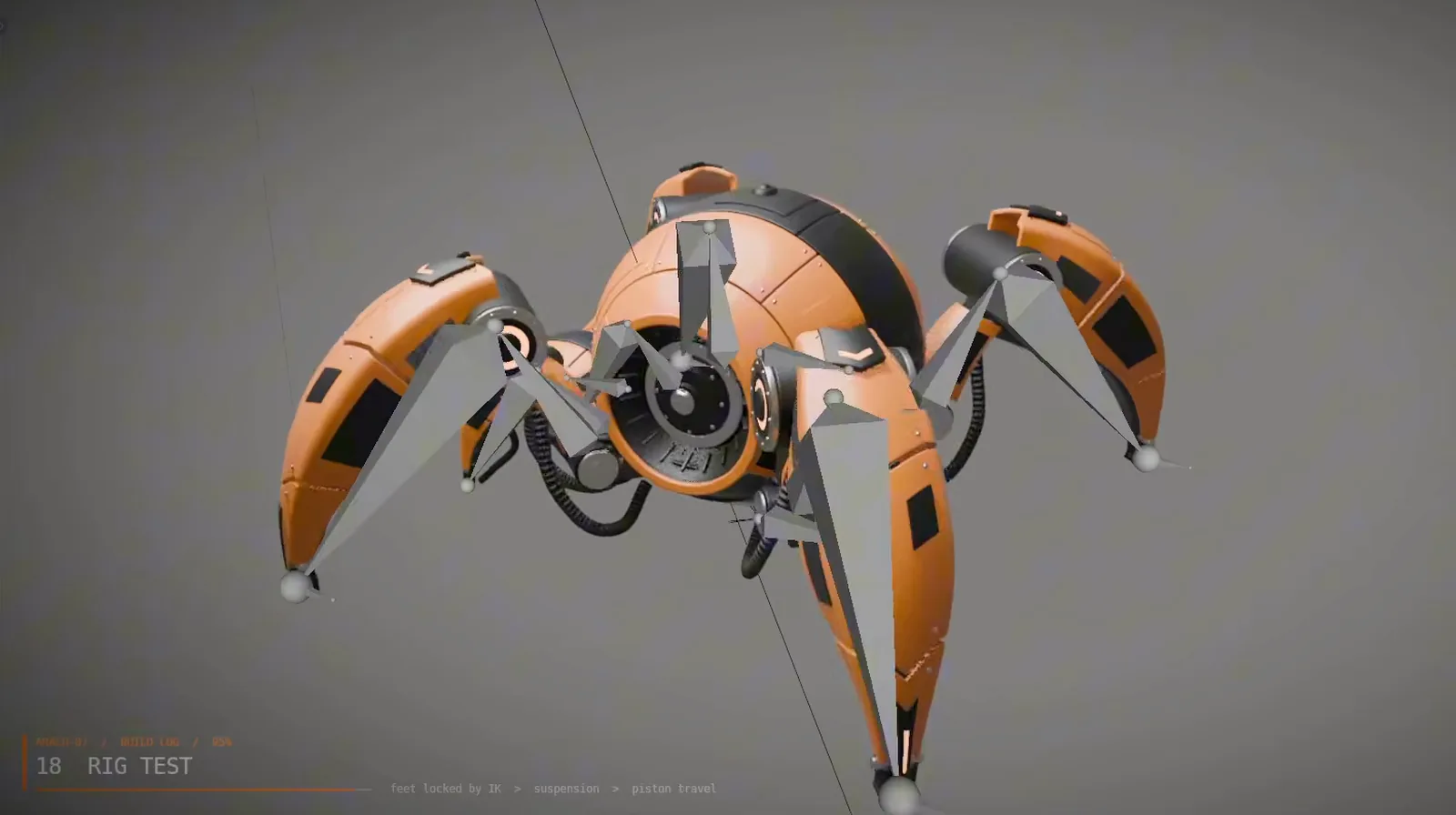 Step 18 in Blender: the orange spider with grey armature bones showing through each leg and the body